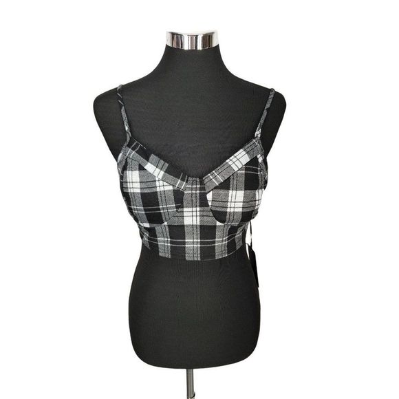 J For Justify Plaid Black & White Bralette Crop Top Structure Size XL XLarge NWT - Picture 1 of 8